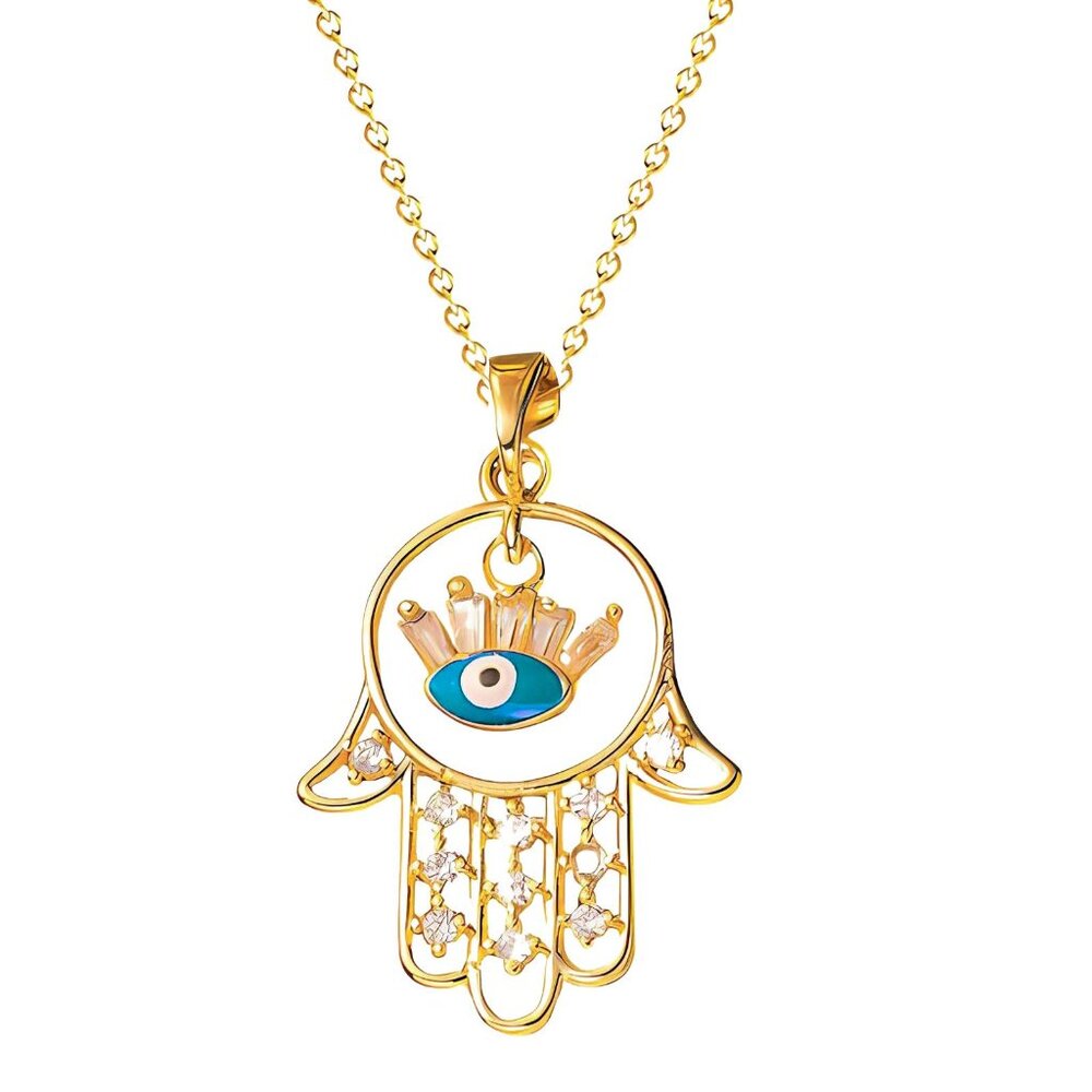 Hamsa Hand Evil Eye Necklace | 18K Gold Plated | Spiritual Protection Amulet